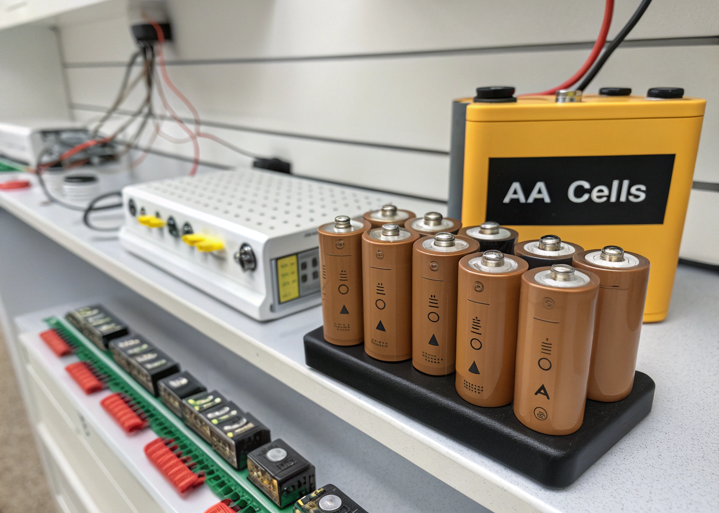 Close-up of AA-sized battery cells and a yellow labeled battery pack in a testing lab environment.