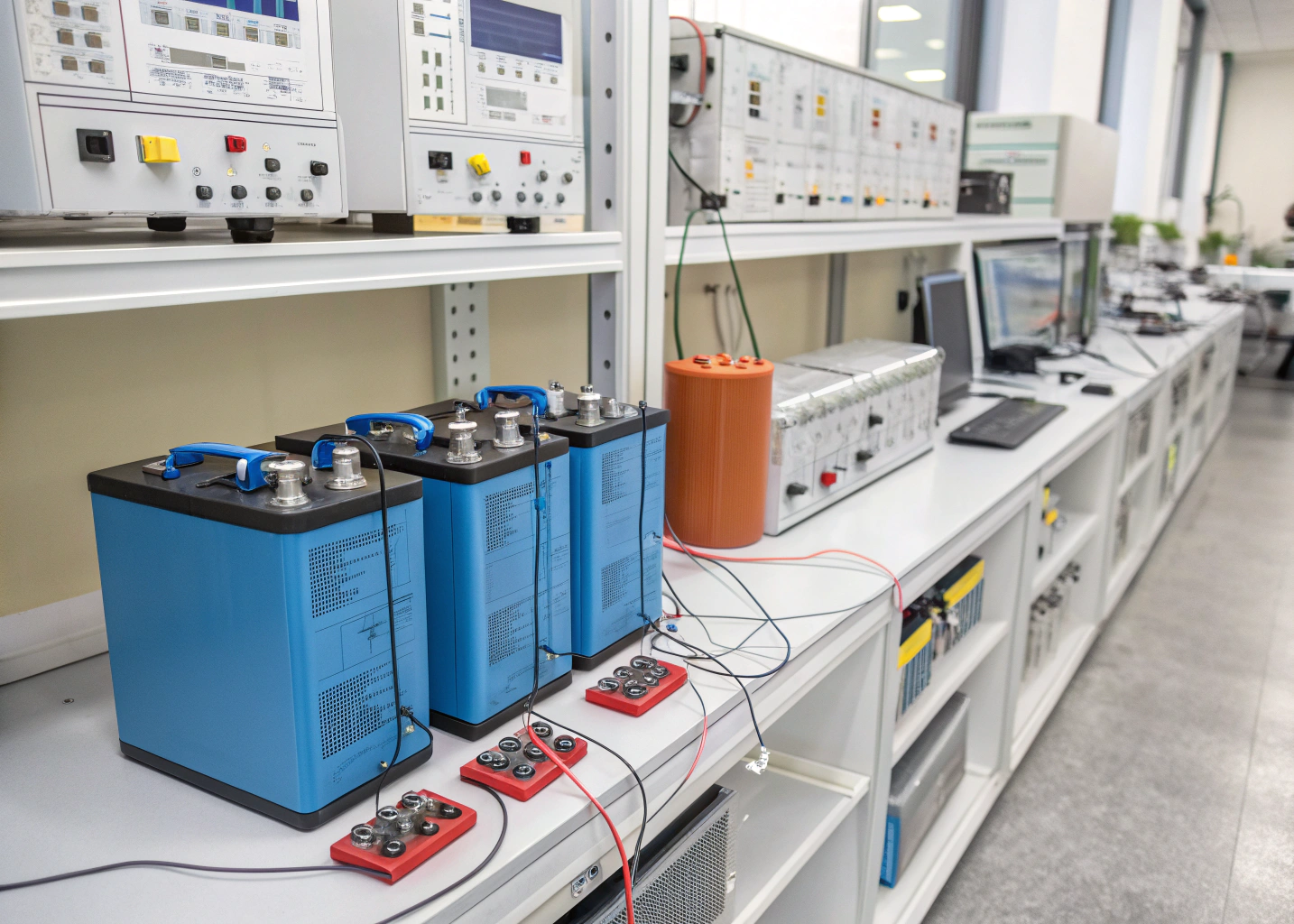 Testing station with blue industrial battery modules wired to performance monitoring systems.